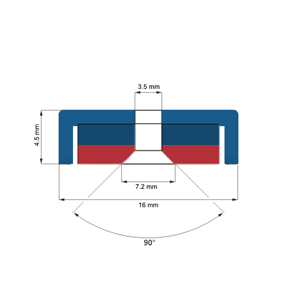Magnet neodim oală D 16 mm cu gaură și șanfren schema