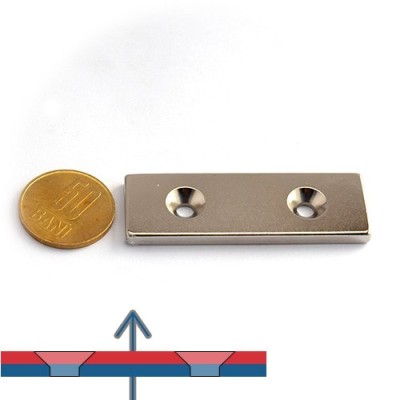 Magnet neodim bloc 60 x 20 x 4 mm cu gauri ingropate D4,5 D9,46 - N35 cu magnetizare