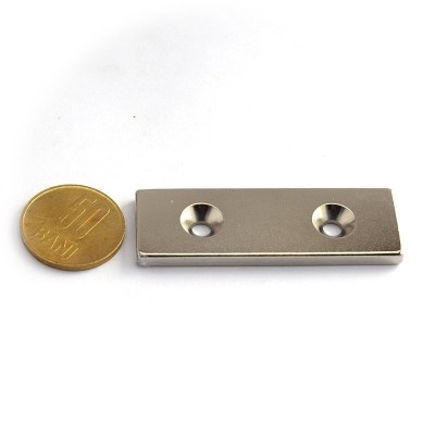 Magnet neodim bloc 60 x 20 x 4 mm cu gauri ingropate D4,5 D9,46 - N35 moneda