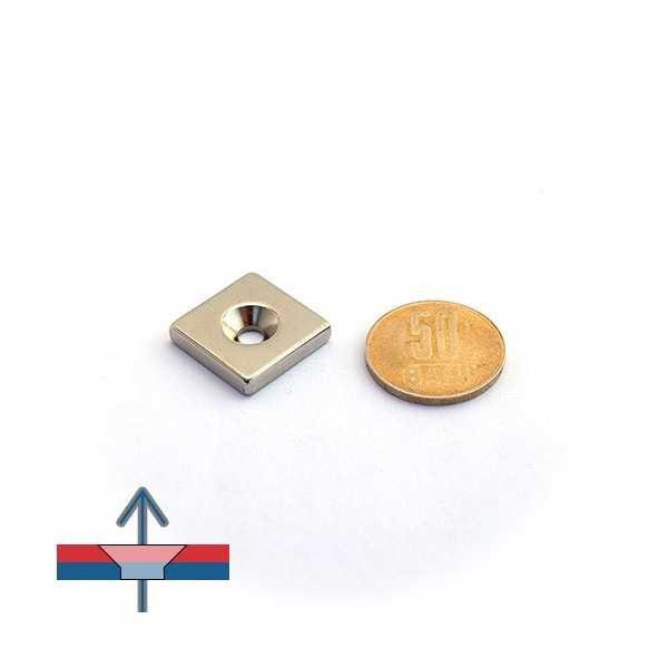 Magnet neodim bloc 20 x 20 x 4 mm cu gaura ingropata D4,5 D9,6 - N35 cu magnetizare proportional