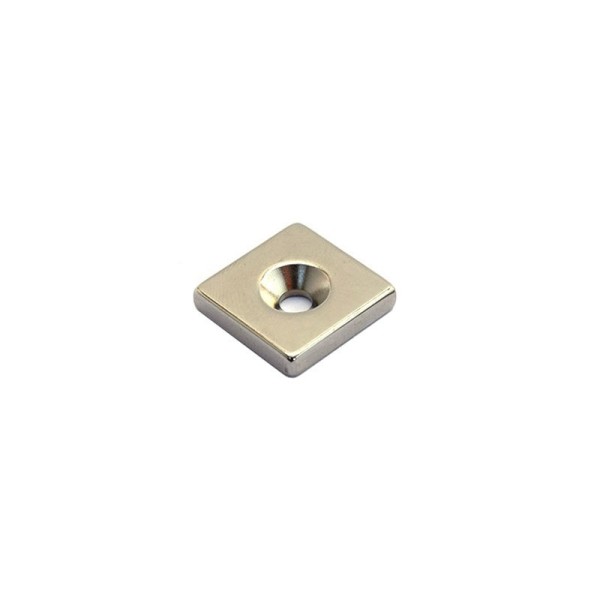 Magnet neodim bloc 20 x 20 x 4 mm cu gaura ingropata D4,5 D9,6 - N35