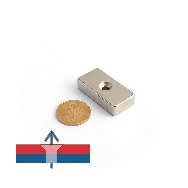 Magnet neodim bloc 40 x 20 x 10 mm cu gaura ingropata D4,5 D9,6 - N45 cu magnetizare la scara