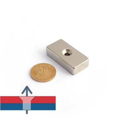 Magnet neodim bloc 40 x 20 x 10 mm cu gaura ingropata D4,5 D9,6 - N45 cu magnetizare la scara