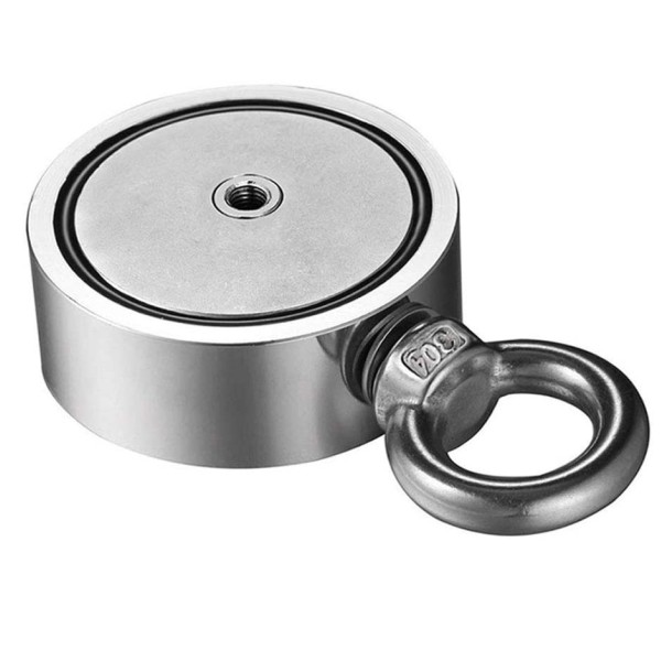 Magnet neodim oală D 60 mm cu două cârlige inelare și două fețe 2 x 140 kg