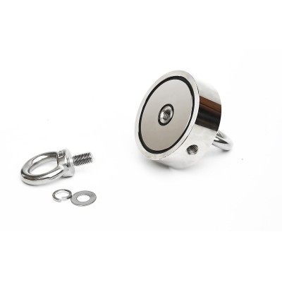 Magnet neodim oală D 75 mm cu două cârlige inelare și două fețe x 250 kg - magnet fishing - componente