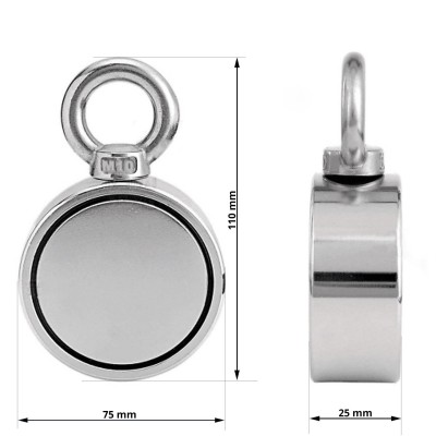 Magnet neodim oală D 75 mm cu două cârlige inelare și două fețe x 250 kg - magnet fishing - cu dimensiuni