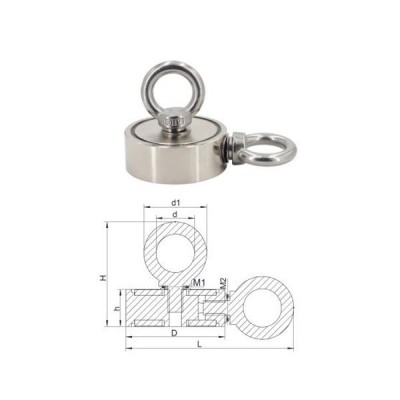 Magnet neodim oală D 75 mm cu două cârlige inelare și două fețe x 250 kg - magnet fishing - schița