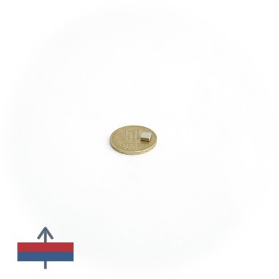 Magnet neodim bloc 5 x 5 x 2 mm cu magnetizare și moneda de 50 bani
