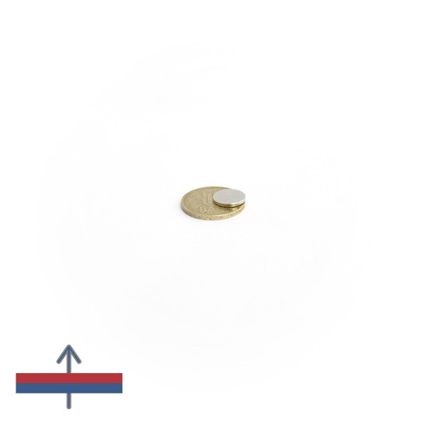 Magnet neodim disc 12 x 1.5 mm cu magnetizare peste moneda de 50 bani