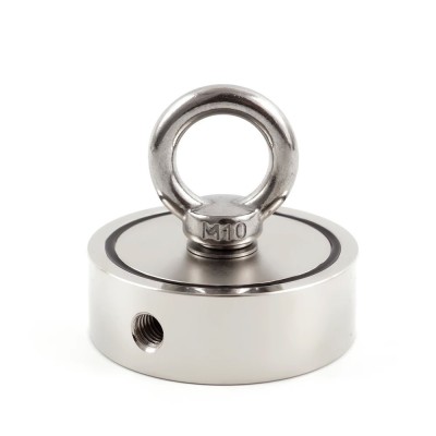 Magnet neodim oală D 75 mm cu două cârlige inelare și două fețe x 160 kg - magnet fishing - puternic