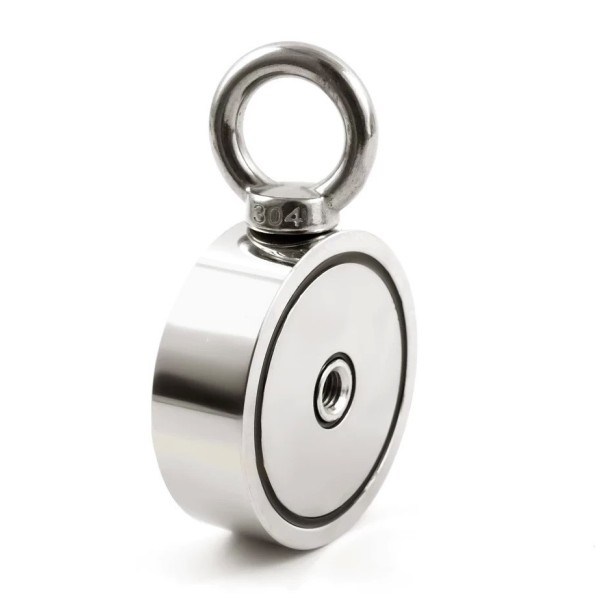 Magnet neodim oală D 75 mm cu două cârlige inelare și două fețe x 160 kg - magnet fishing - vertical