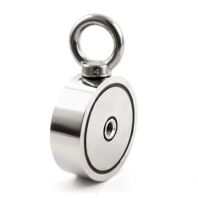 Magnet neodim oală D 75 mm cu două cârlige inelare și două fețe x 160 kg - magnet fishing - vertical