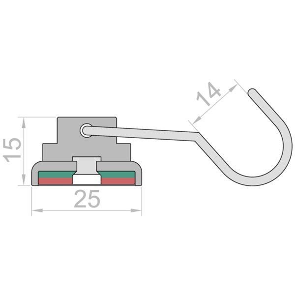 Magnet neodim oală D 25 mm cu cârlig / cuier rotativ schema