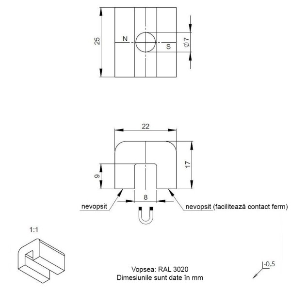 Magnet AlNiCo potcoavă 22 x 25 x 17 mm - dimensiuni