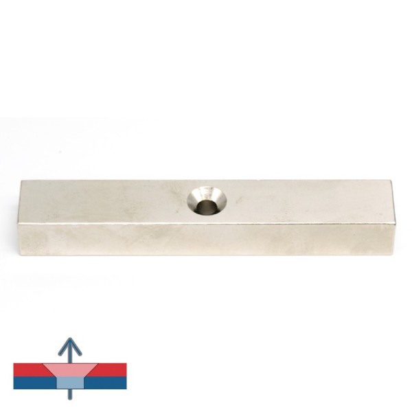 Magnet neodim bloc 120 x 20 x 15 mm cu gaură și șanfren D7 / D12 - cu magnetizare