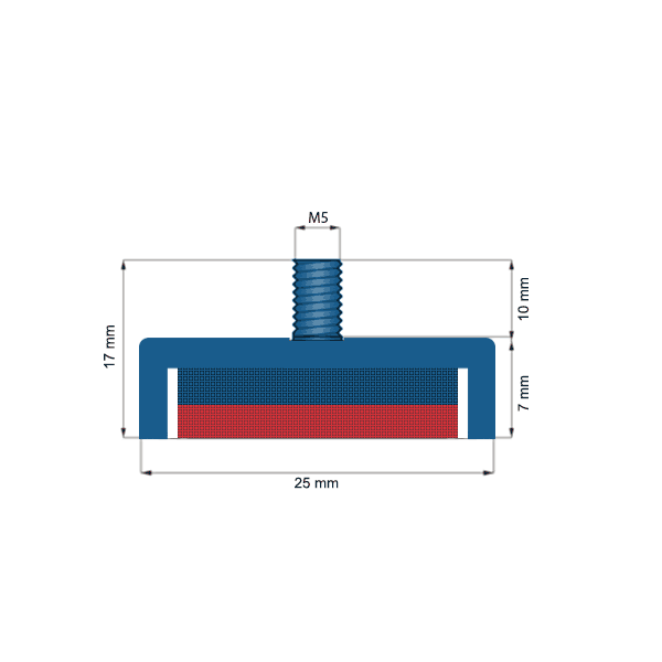 Magnet neodim oală D 25 mm filet exterior - schema cu dimensiuni