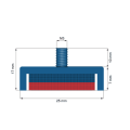 Magnet neodim oală D 25 mm filet exterior - schema cu dimensiuni