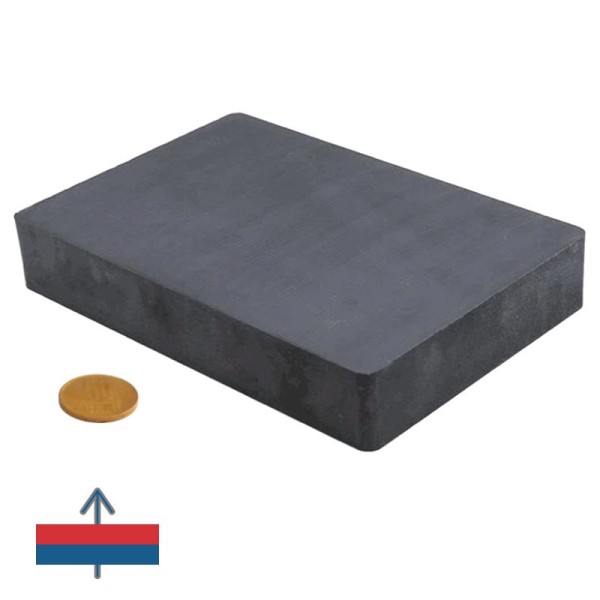 Magnet ferită bloc 150 x 100 x 25 mm cu moneda de 50 bani și magnetizare