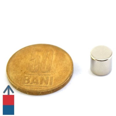 Magnet neodim cilindru 08 x 08 mm cu magnetizare și moneda de 50 bani