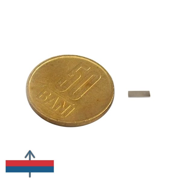 Magnet neodim bloc 6 x 2 x 0,4 mm N52 cu magnetizare si moneda de 50 bani