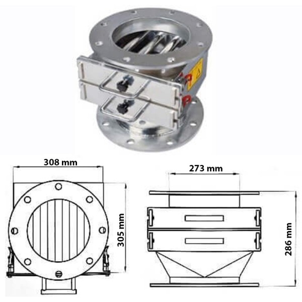 Separator magnetic rotund D: 273 mm, H: 286 mm cu două grile dreptunghiulare 308 x 305 mm și flanșă circulară cu dimensiuni