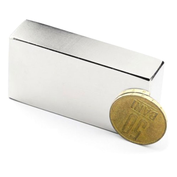 Magnet neodim bloc 60 x 30 x 15 mm cu moneda de 50 bani